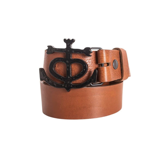 Ceinture Santa Maria en cuir pleine fleur marron avec boucle croix de Camargue en acier inoxydable fabrication artisanale française