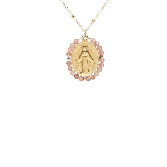 Détail médaille miraculeuse en acier inoxydable sans nickel collier symbole religieux