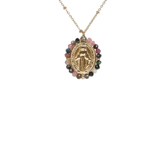 Détail medaille miraculeuse multicolore avec pierres naturelles collier en acier inoxydable sans nickel