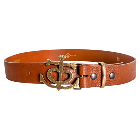ceinture cuir marron avec boucle croix de camargue dorée accessoire artisanal santa maria