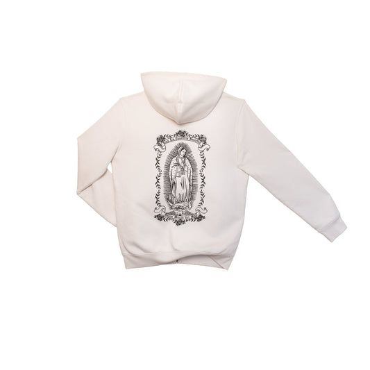 hoodie blanc Santa Maria vue dos veste a capuche coton bio fabrication francaise style streetwear religieux