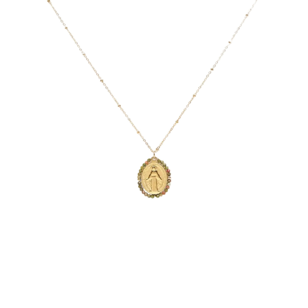 Collier médaille miraculeuse en acier inoxydable avec chaîne maille forçat et pierres naturelles bijou symbolique