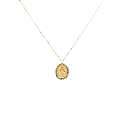Collier médaille miraculeuse en acier inoxydable avec chaîne maille forçat et pierres naturelles bijou symbolique