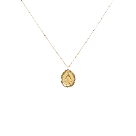 Collier médaille miraculeuse en acier inoxydable avec chaîne maille forçat et pierres naturelles bijou symbolique
