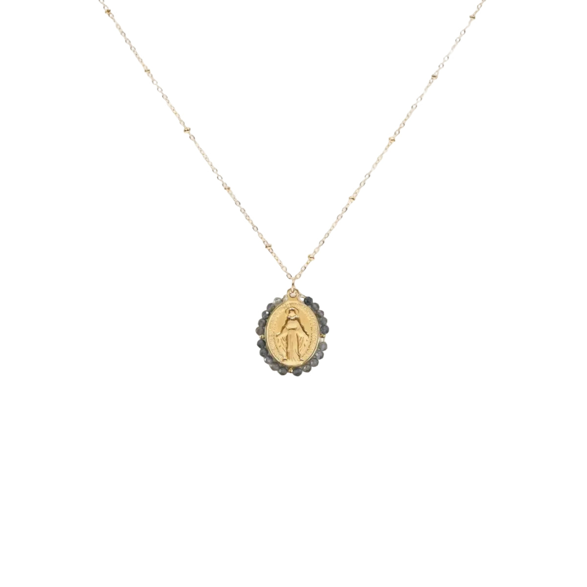 Collier médaille miraculeuse gris acier inoxydable sans nickel pierres naturelles bijou symbolique