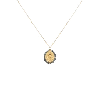 Collier médaille miraculeuse gris acier inoxydable sans nickel pierres naturelles bijou symbolique
