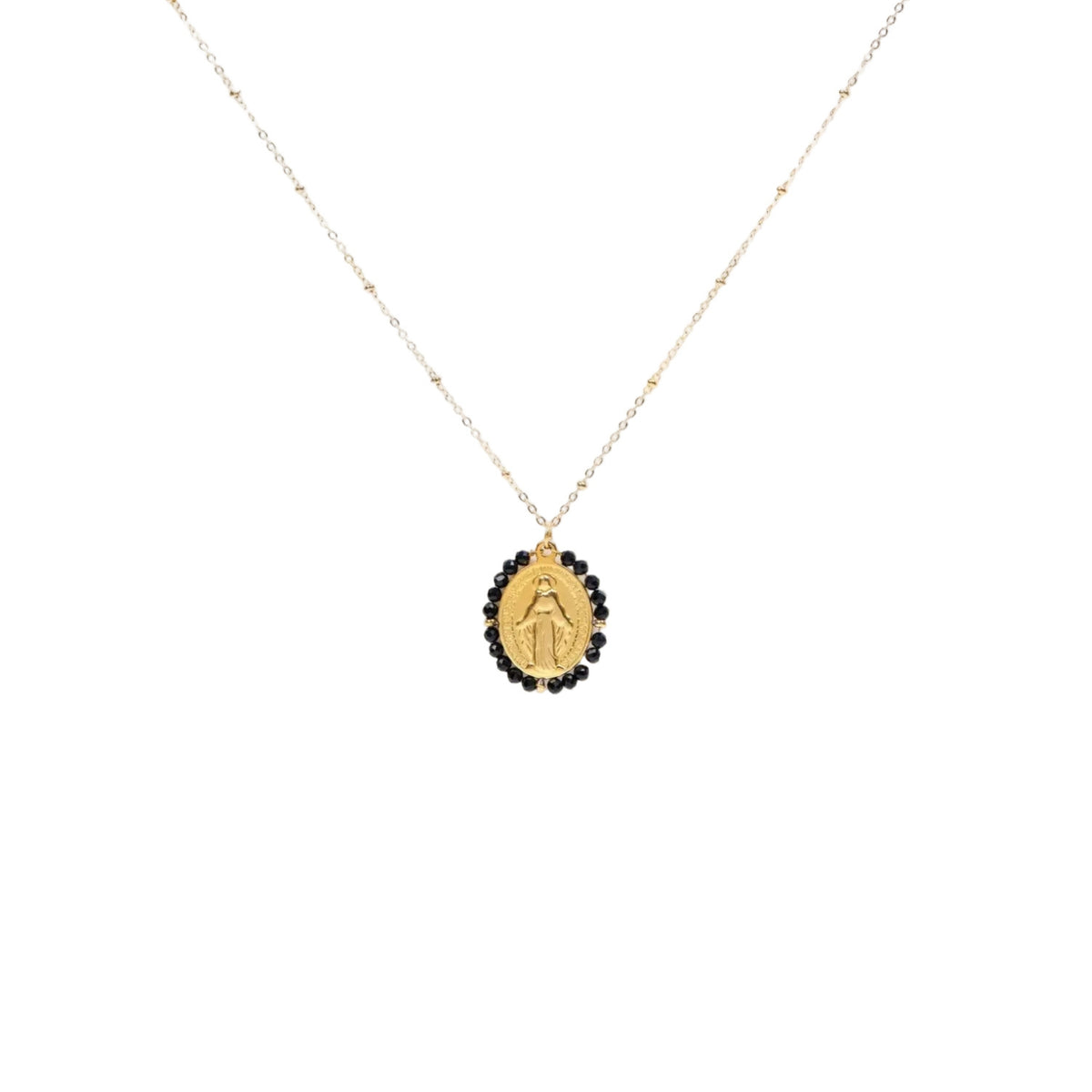 Collier médaille miraculeuse avec pierres naturelles noires chaîne en acier inoxydable sans nickel bijou symbolique
