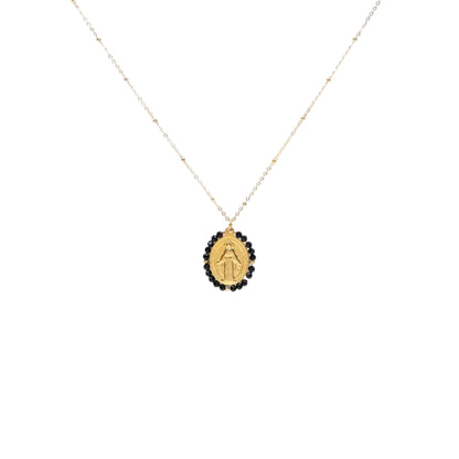 Collier médaille miraculeuse avec pierres naturelles noires chaîne en acier inoxydable sans nickel bijou symbolique