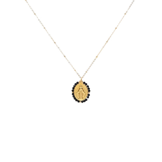 Collier médaille miraculeuse avec pierres naturelles noires chaîne en acier inoxydable sans nickel bijou symbolique