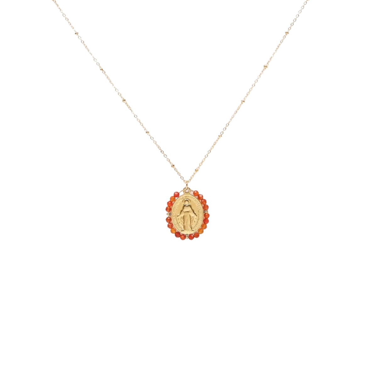 Collier médaille miraculeuse avec pierres naturelles orange chaîne en acier inoxydable sans nickel bijou symbolique