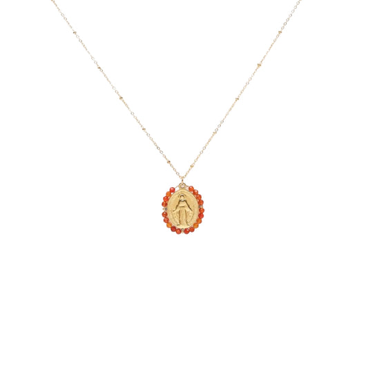 Collier médaille miraculeuse avec pierres naturelles orange chaîne en acier inoxydable sans nickel bijou symbolique
