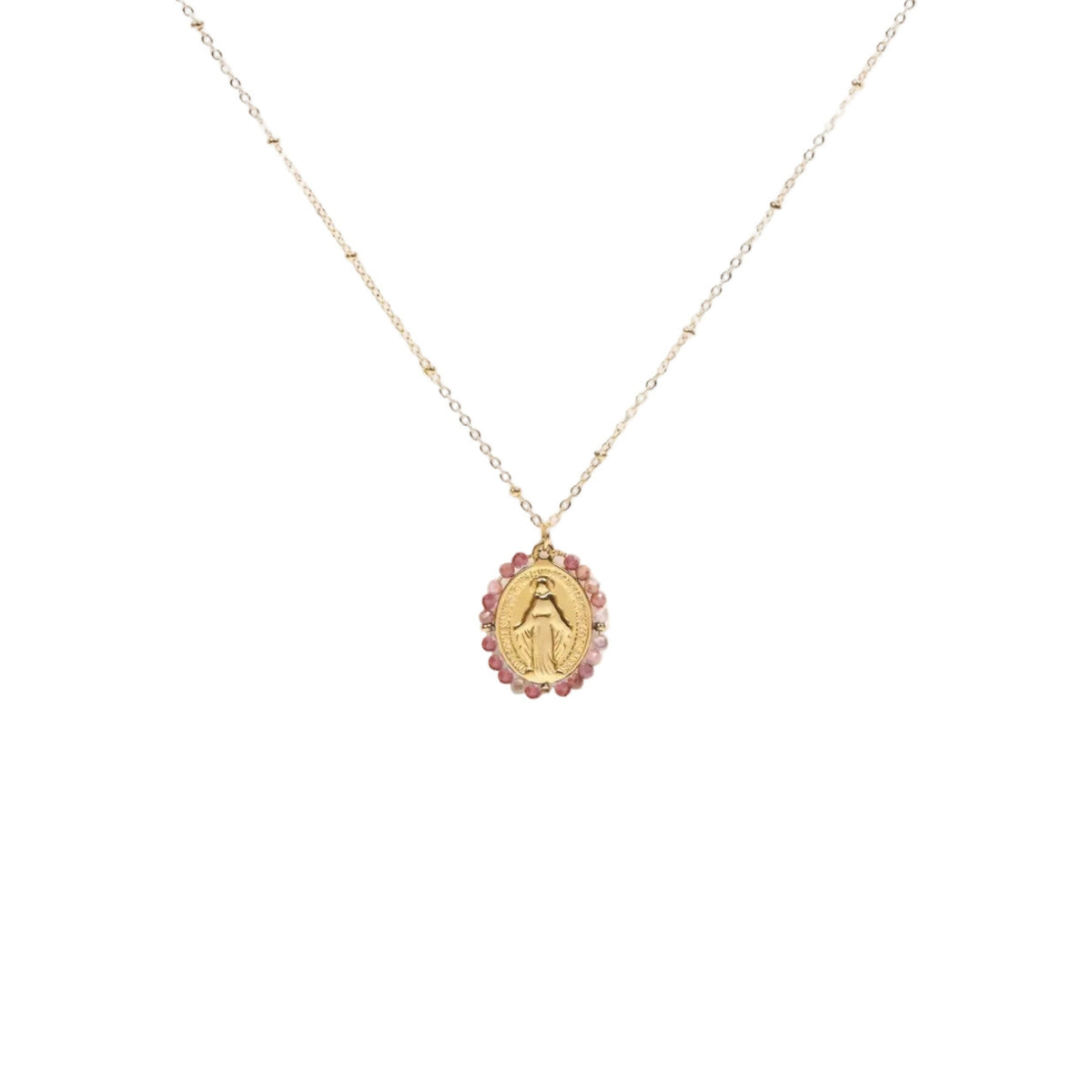 Collier médaille miraculeuse avec pierres naturelles roses chaîne en acier inoxydable bijou symbolique