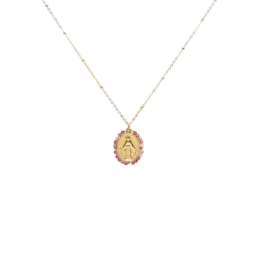 Collier médaille miraculeuse avec pierres naturelles roses chaîne en acier inoxydable bijou symbolique
