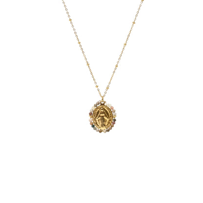 Collier médaille miraculeuse beige pierres naturelles acier inoxydable sans nickel bijou symbolique élégant