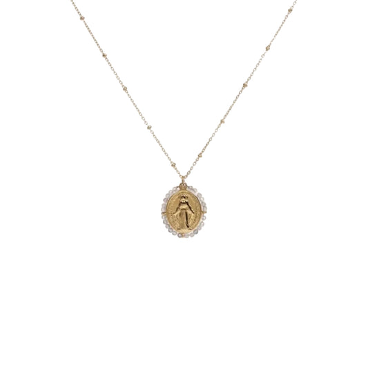 Collier médaille miraculeuse blanc pierres naturelles acier inoxydable sans nickel bijou élégant disponible chez Santa Maria Concept Store
