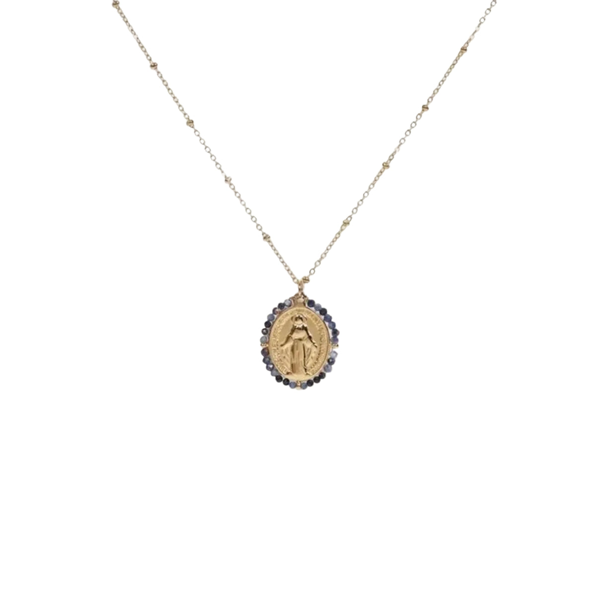Collier médaille miraculeuse bleu pierres naturelles acier inoxydable sans nickel bijou élégant femme