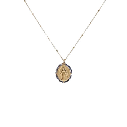 Collier médaille miraculeuse bleu pierres naturelles acier inoxydable sans nickel bijou élégant femme