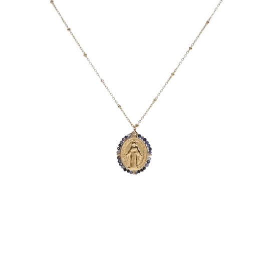 Collier médaille miraculeuse bleu pierres naturelles acier inoxydable sans nickel bijou élégant femme