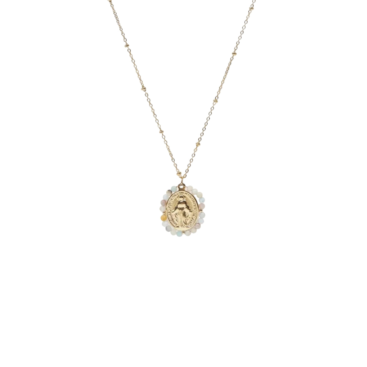 Collier médaille miraculeuse clair acier inoxydable sans nickel pierres naturelles pastel bijou symbolique