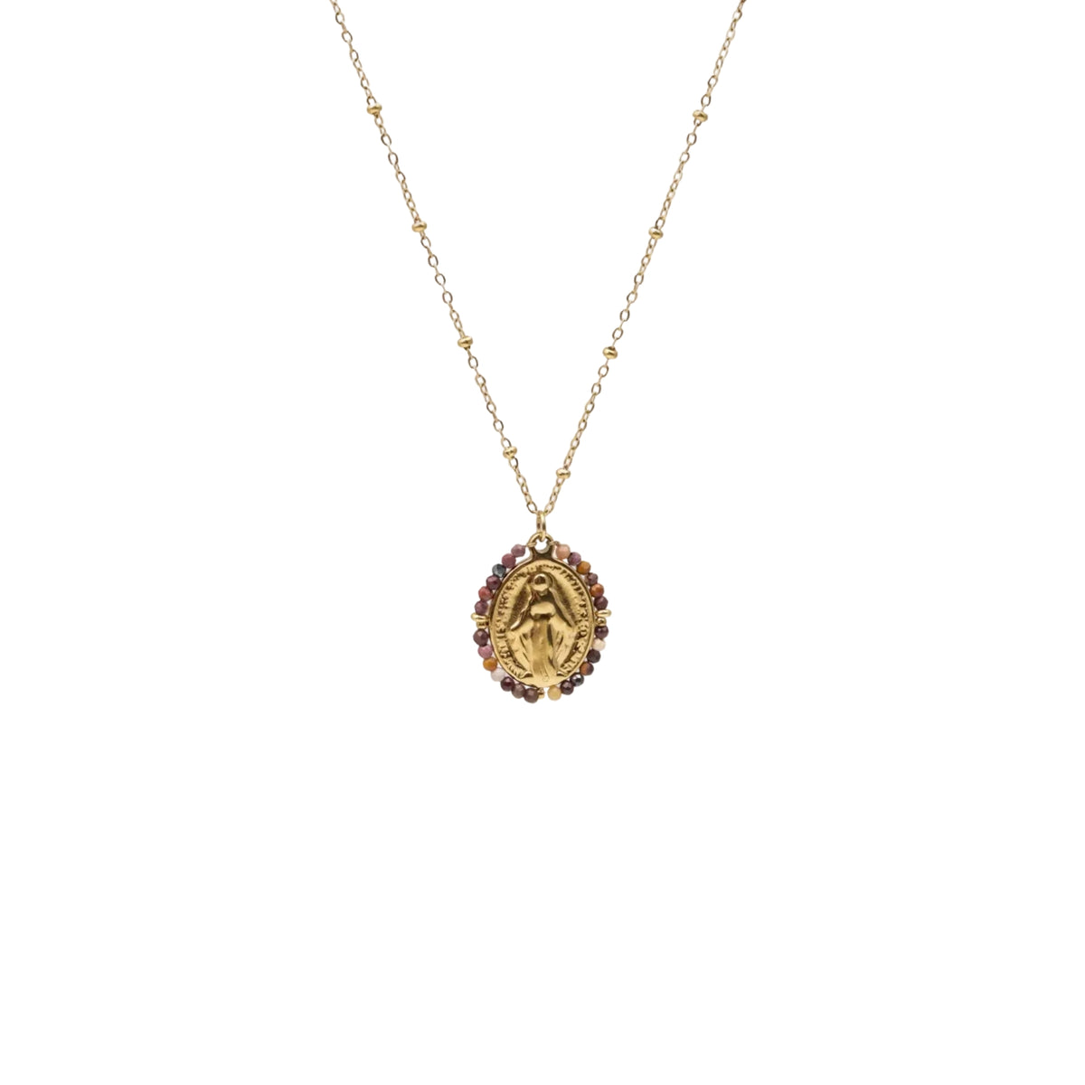 Collier médaille miraculeuse rouge bordeaux acier inoxydable sans nickel pierres naturelles bijou symbolique