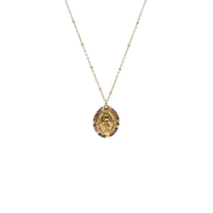 Collier médaille miraculeuse rouge bordeaux acier inoxydable sans nickel pierres naturelles bijou symbolique
