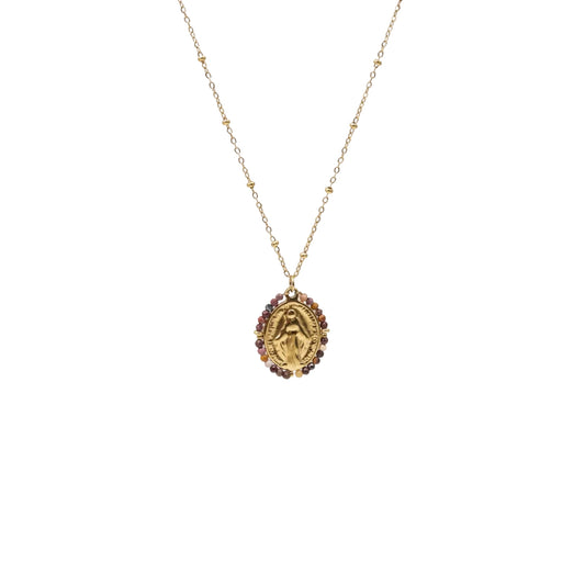 Collier médaille miraculeuse rouge bordeaux acier inoxydable sans nickel pierres naturelles bijou symbolique