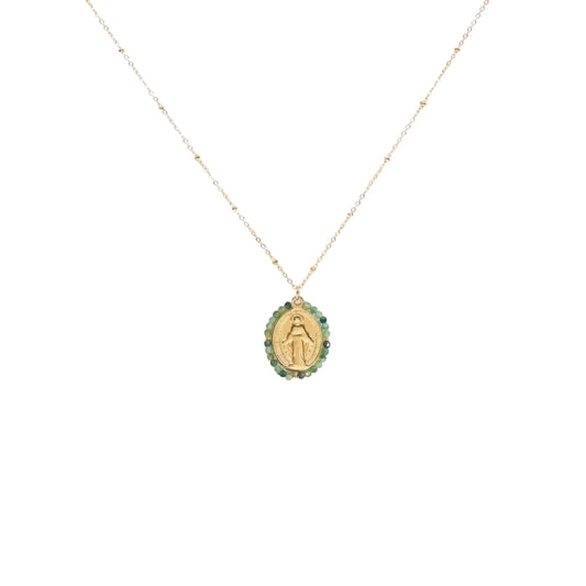 Collier médaille miraculeuse vert pierres naturelles acier inoxydable sans nickel bijou disponible chez Santa Maria Concept Store