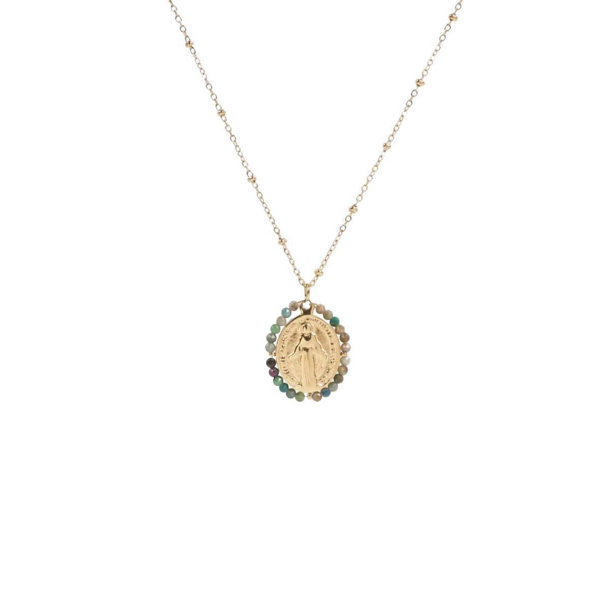 Collier médaille miraculeuse vert pierres naturelles acier inoxydable sans nickel bijou symbolique élégant