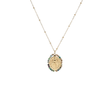 Collier médaille miraculeuse vert pierres naturelles acier inoxydable sans nickel bijou symbolique élégant