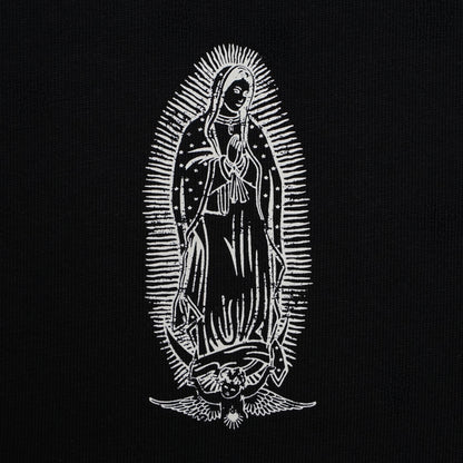 Détail de l’illustration avant de la Vierge sur le t-shirt Santa Maria oversize noir
