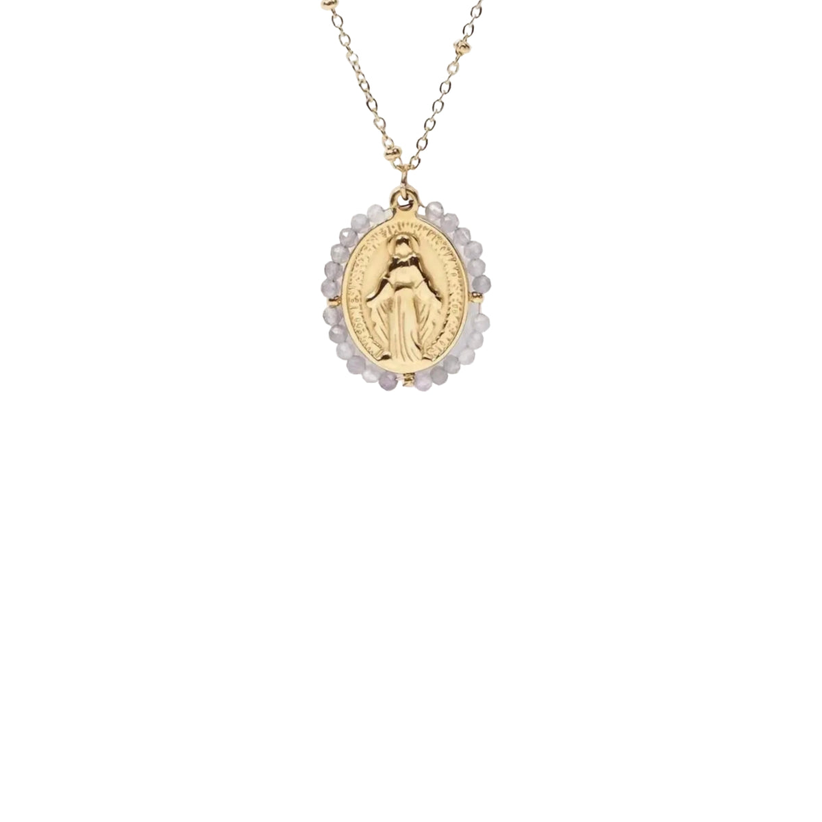 Détail médaille miraculeuse avec pierres naturelles blanches collier en acier inoxydable bijou Santa Maria Concept Store