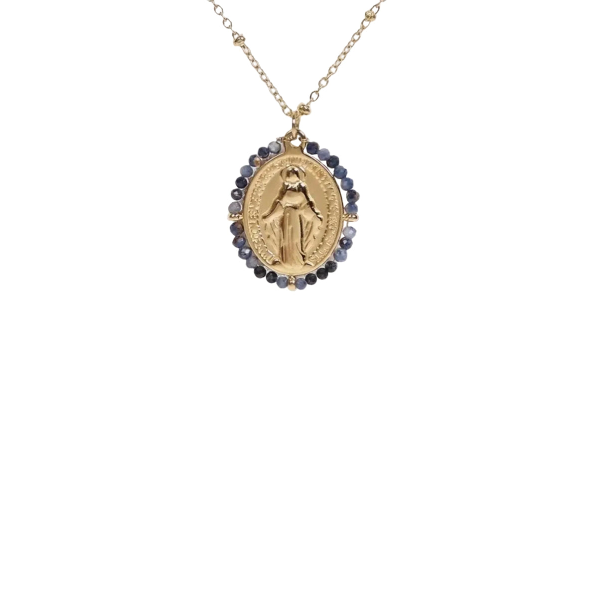 Détail médaille miraculeuse avec pierres naturelles bleues collier en acier inoxydable sans nickel