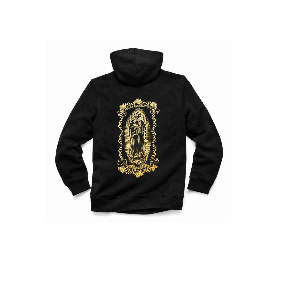 Hoodie noir Santa Maria avec motif brodé doré sur le dos en mouvement