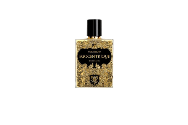 Eau de parfum Egocentrique Coreterno flacon avec design noir et doré création artisanale italienne