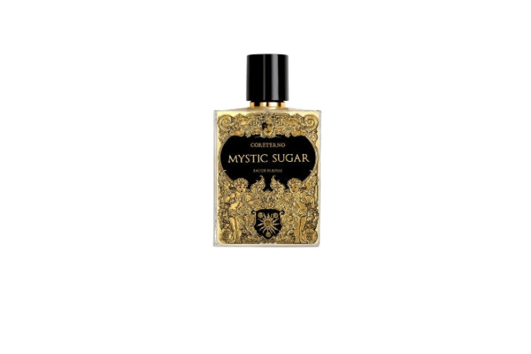 Eau de parfum Mystic Sugar Coreterno flacon avec design noir et doré création artisanale italienne