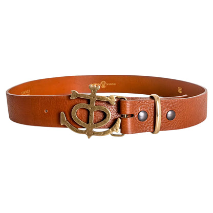 ceinture cuir marron avec boucle croix de camargue dorée accessoire artisanal santa maria