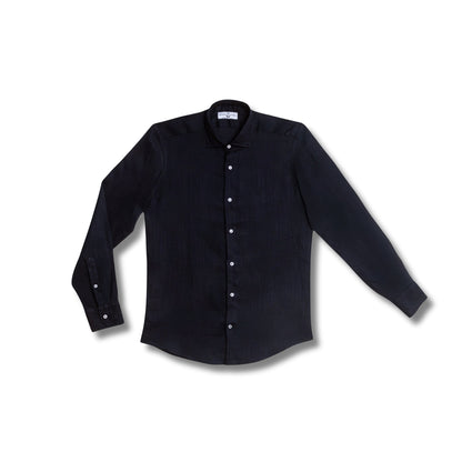 chemise lin bleu marine homme vue face coupe droite chemise elegante ete