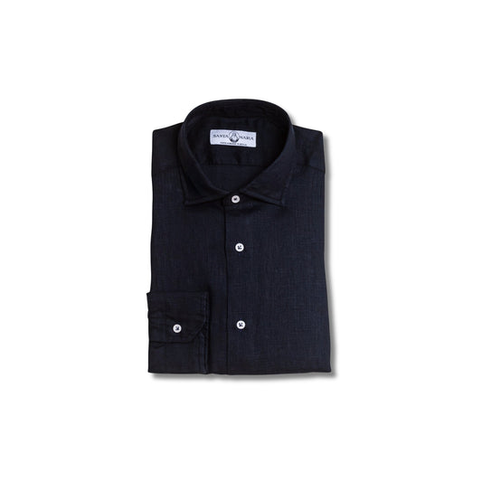 chemise lin bleu marine pliee col italien homme vetement ete chic respirant