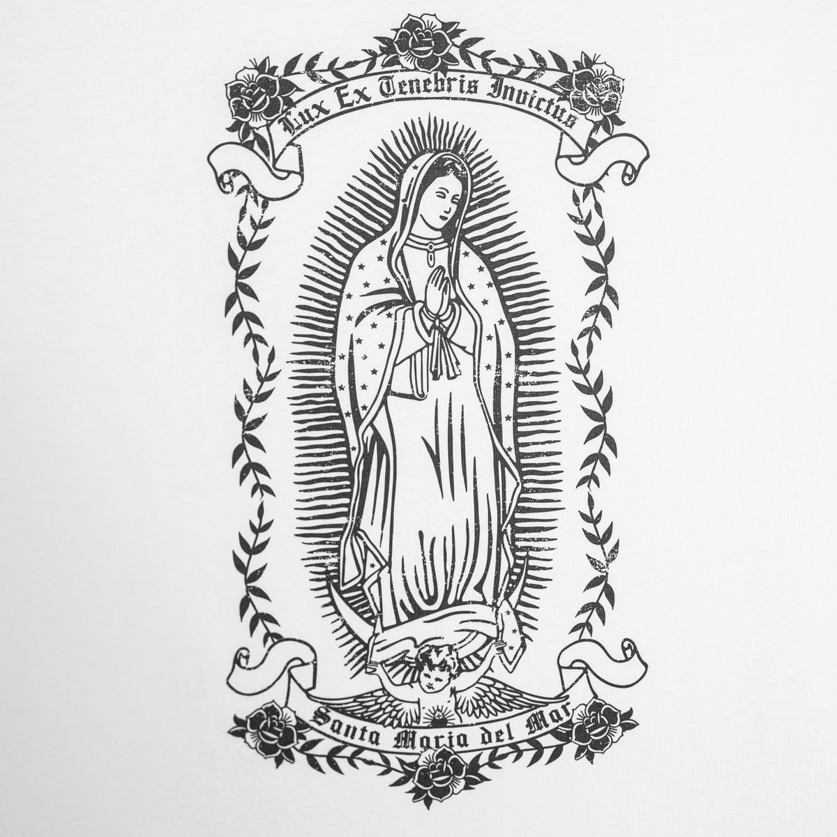 Détail de l’illustration de la Vierge sur le t-shirt Santa Maria oversize noir face arrière
