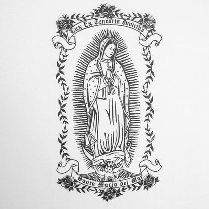 Détail de l’illustration de la Vierge sur le t-shirt Santa Maria oversize noir face arrière
