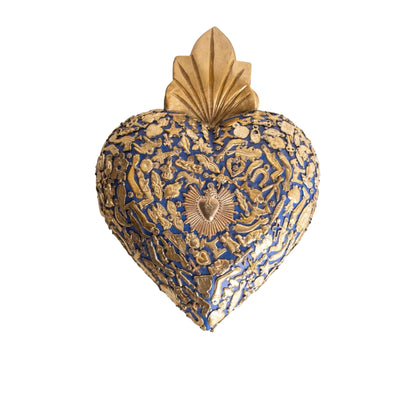 ex voto coeur bleu artisanal mexicain decoration murale bois sculpte symbole protection