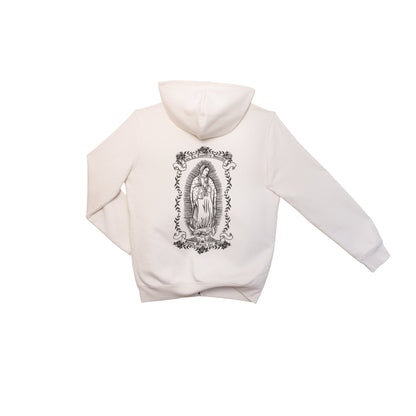 hoodie blanc Santa Maria vue dos veste a capuche coton bio fabrication francaise style streetwear religieux