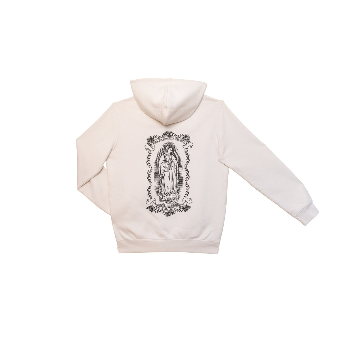 hoodie blanc Santa Maria vue dos veste a capuche coton bio fabrication francaise style streetwear religieux