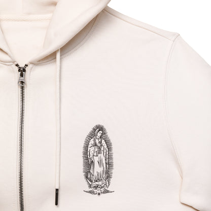 Détail logo Santa Maria imprimé sur poitrine sweat zippé blanc